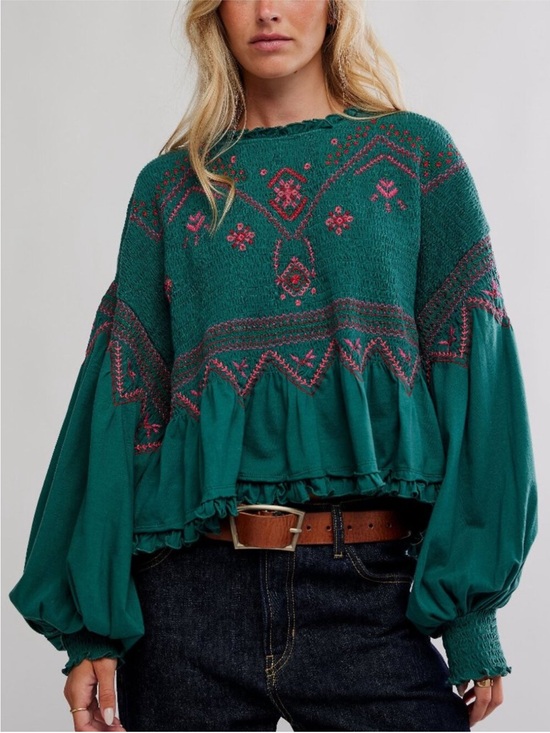Free People Tops - Free People Teal Embroidered Ruffle-Hem Pullover